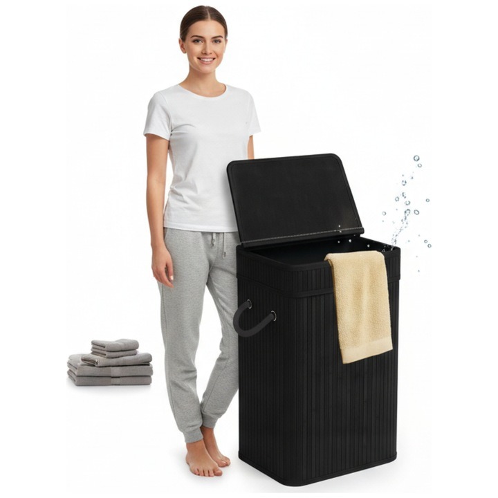 POKKA BAMBO 72LBLACK – dva bambusové koše na bielizeň s vekom, 2 × 72 l