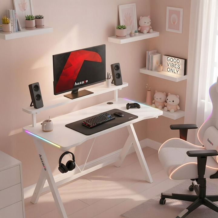 Biely počítačový stôl Huzaro Hero 1.9 RGB s policou na monitor