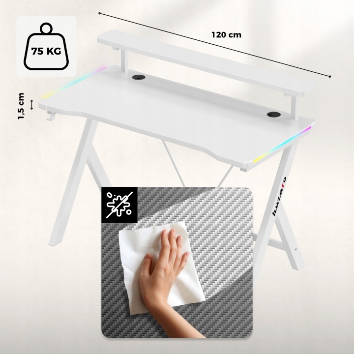 Huzaro Hero 1.9 RGB White je biely herný a študentský stôl s doskou 120 × 60 cm, policou na monitor, LED osvetlením a háčikom na slúchadlá. Oceľová konštrukcia a dva priechody na káble pomáhajú vytvoriť prehľadné pracovné miesto.