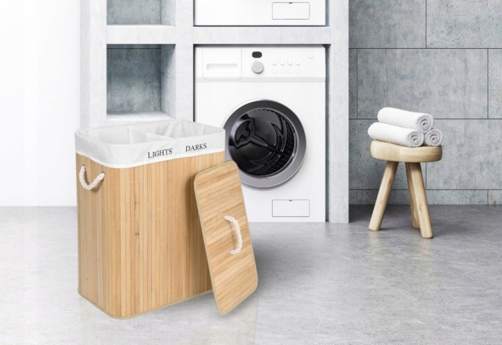 Sada obsahuje dva samostatné bambusové koše Gockowiak s objemom 100 l na každý kus. Každý má dve priehradky na priebežné triedenie bielizne, veko a vyberateľnú ľanovú vložku. Jeden kôš meria 52 × 32 × 60 cm.