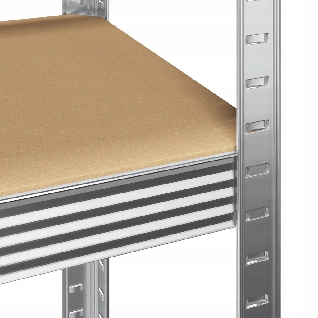 Kovový regál so štyrmi policami, 150 × 75 × 30 cm. Kovový zasúvací regál so štyrmi policami z MDF. Výška 150 cm, šírka 75 cm, hĺbka 30 cm. Uvádzané maximálne zaťaženie jednej police 175 kg. Hmotnosť výrobku podľa predajcu 11 kg.