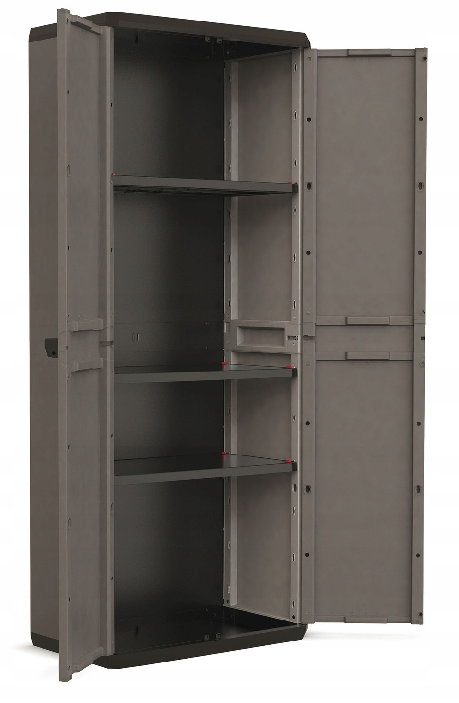 Úžitková skriňa Keter PIU High 166 × 68 × 39 cm. Keter PIU High ponúka tri výškovo nastaviteľné police a úložný priestor v skrini hlbokej 39 cm. Každá polica má deklarovanú nosnosť do 15 kg; visiaci zámok sa dokupuje samostatne.