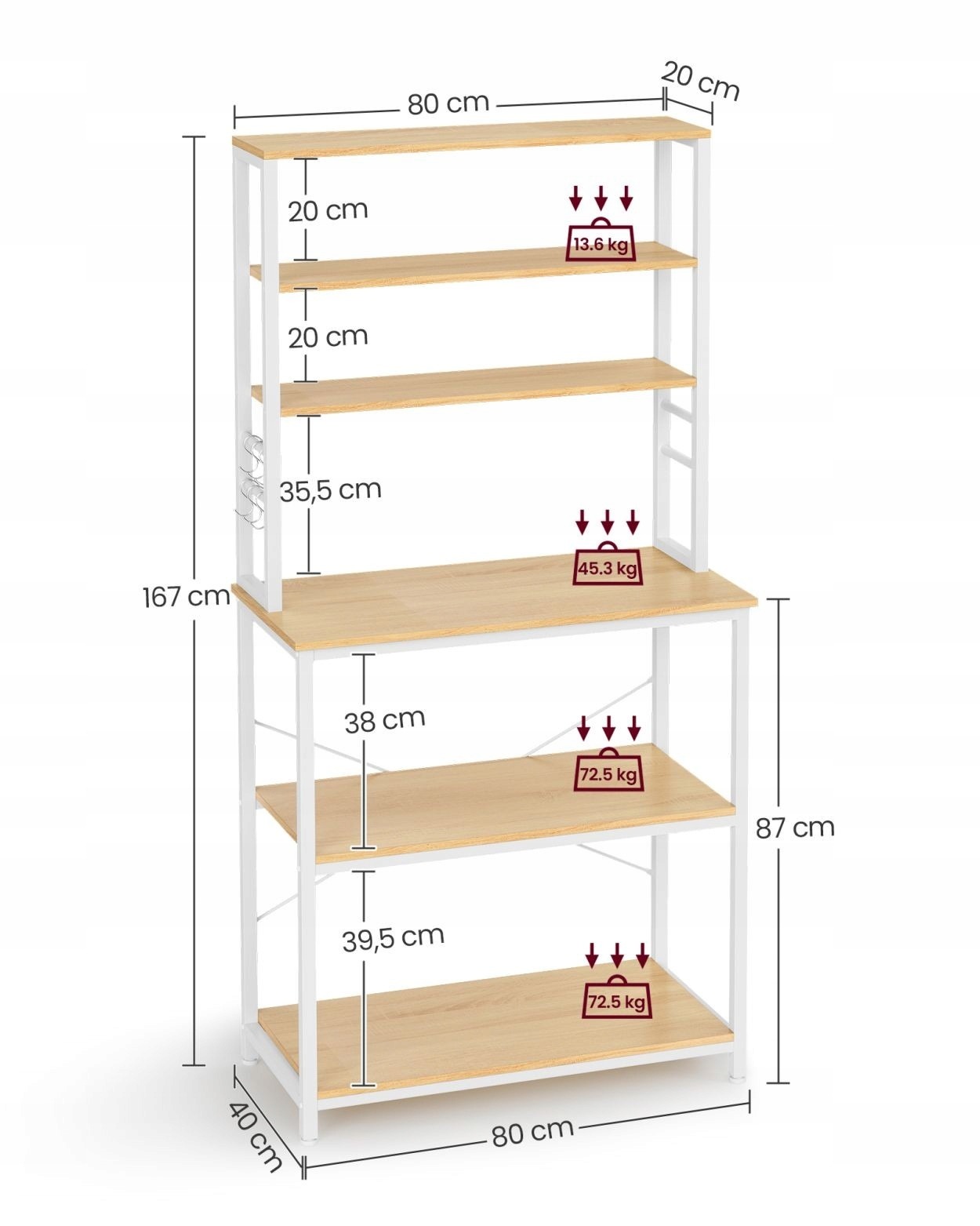 Biely kuchynský regál Songmics KKS019W09, 80 × 40 × 167 cm. Kuchynský regál Songmics KKS019W09 má rozmery 80 × 40 × 167 cm. Tri horné a tri spodné police vytvárajú miesto na suroviny, riad aj kuchynské spotrebiče. Súčasťou je šesť háčikov.