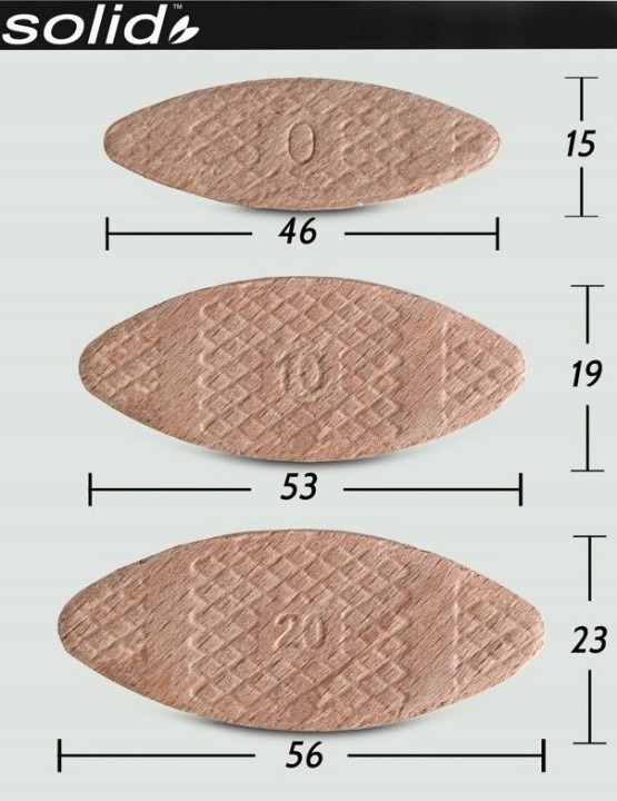 Solid bukové lamely veľkosti 20 v balení 1 000 kusov slúžia na skryté lepené spoje dreva a nábytkových dosiek. Majú rozmer 56 × 23 mm a hrúbku približne 4 mm; sú určené pre drážky frézované podľa typu 20.