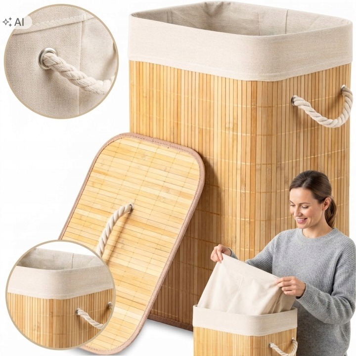 Care Life – dva bambusové koše na bielizeň s vekom, 2 × 72 l, béžové