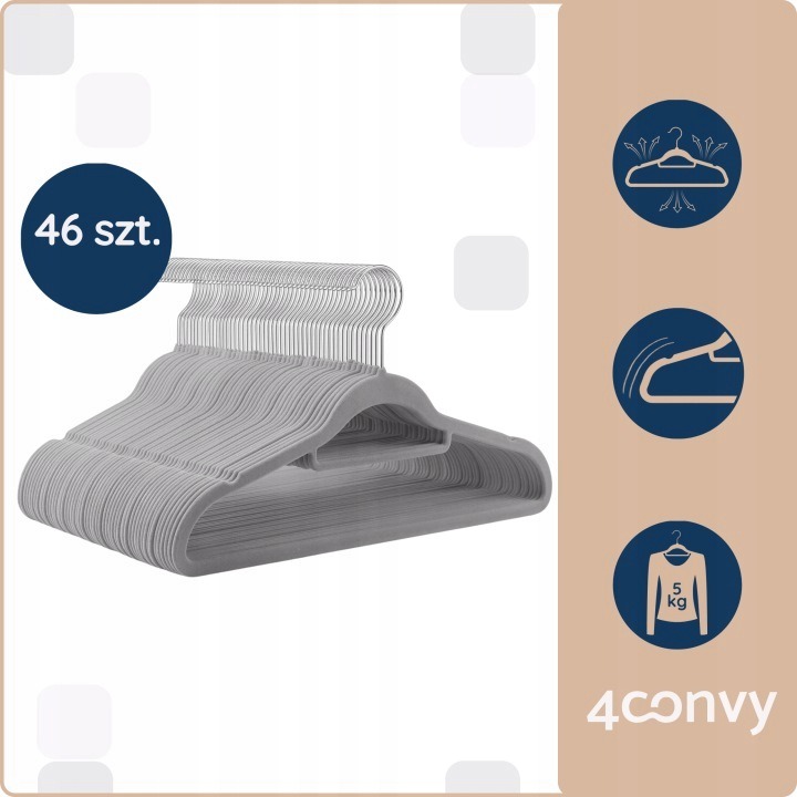 Velúrové vešiaky 4CONVY na oblečenie, 46 sivých kusov s háčikom 360°