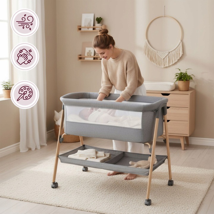 Skladacia detská postieľka Moby System MILI s matracom, sivá. Moby System MILI je skladacia voľne stojaca postieľka pre dieťa od narodenia približne do šiestich mesiacov, najviac do 9 kg. Má matrac a úložný košík.