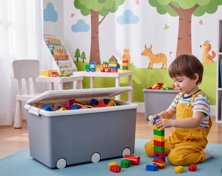 Dva sivé boxy Tega Baby PW-001-106 po 60 l pomôžu rozdeliť hračky a uvoľniť miesto v izbe. Každý má rozmery 57 × 36 × 29 cm, šesť koliesok a veko s dvoma západkami. Boxy možno podľa opisu ukladať na seba.