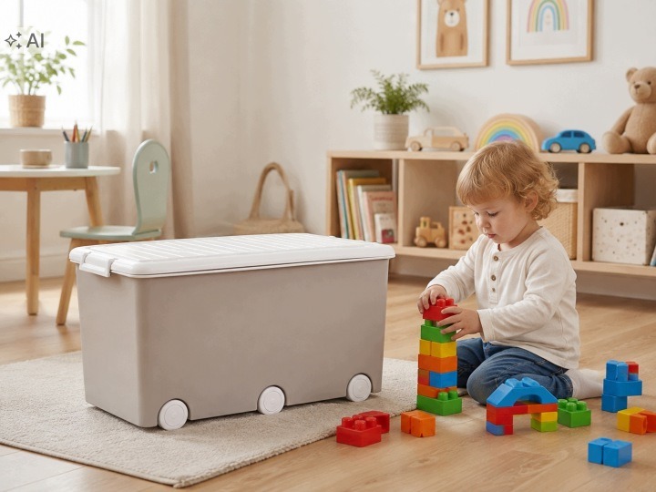 Dva béžové boxy Tega Baby po 60 l ponúkajú oddelené miesto na hračky alebo oblečenie. Každý meria približne 57 × 36 × 29 cm, má šesť koliesok, veko s bočnými západkami a povrch s ľanovým vzorom.