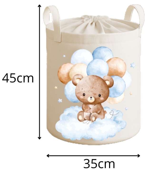 Textilný kôš Babymam Premium XL Cute Baby Boy má objem 43 l, výšku 45 cm a priemer približne 35 cm. Sťahovací uzáver zakryje obsah, dve uchá uľahčia prenos a skladacia konštrukcia šetrí miesto pri odložení.