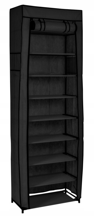 Čierna textilná skrinka Gockowiak Lea na topánky, 57 × 177 × 29 cm. Textilná skrinka na topánky vytvorí vysoké úložné miesto pre obuv aj drobné doplnky pri vstupe do domácnosti. Deväť políc umožní rozdeliť veci podľa používania a dve bočné vrecká doplnia