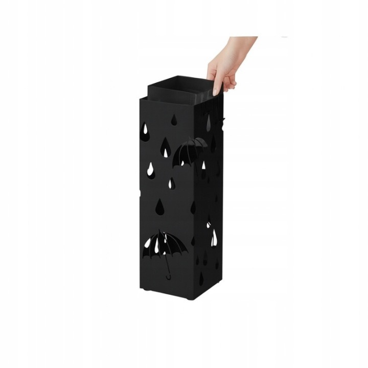 Stojan Wide Decor ART-2283, čierny 49 cm, miska a 4 háčiky. Stojan na dáždniky spojí uloženie dlhších modelov s háčikmi na menšie predmety. Vyberateľná plastová miska zachytáva odkvapkávajúcu vodu a dá sa ľahko vyprázdniť. Pri vstupných dverách tak vznikn