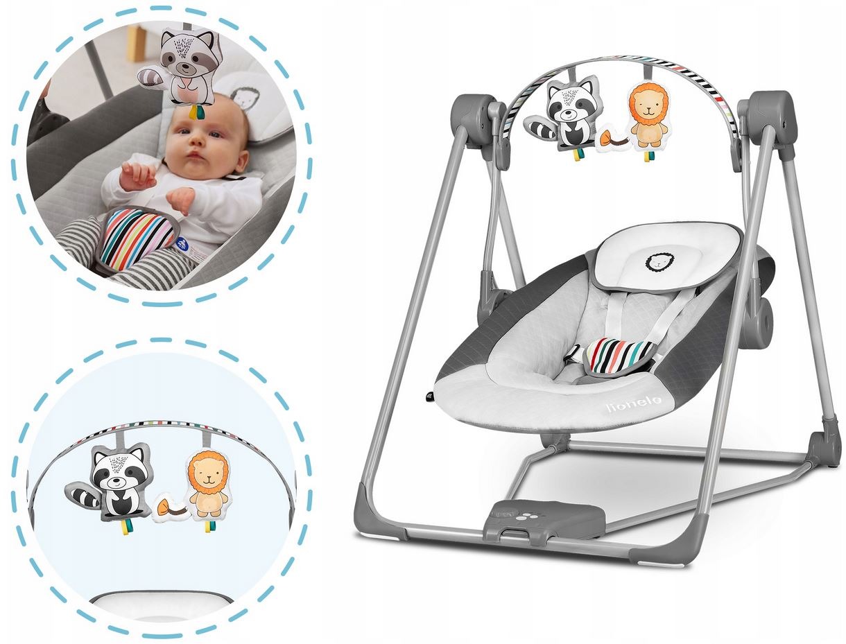 Elektrické detské hojdadlo Lionelo Otto Cozy Grey s hračkami
