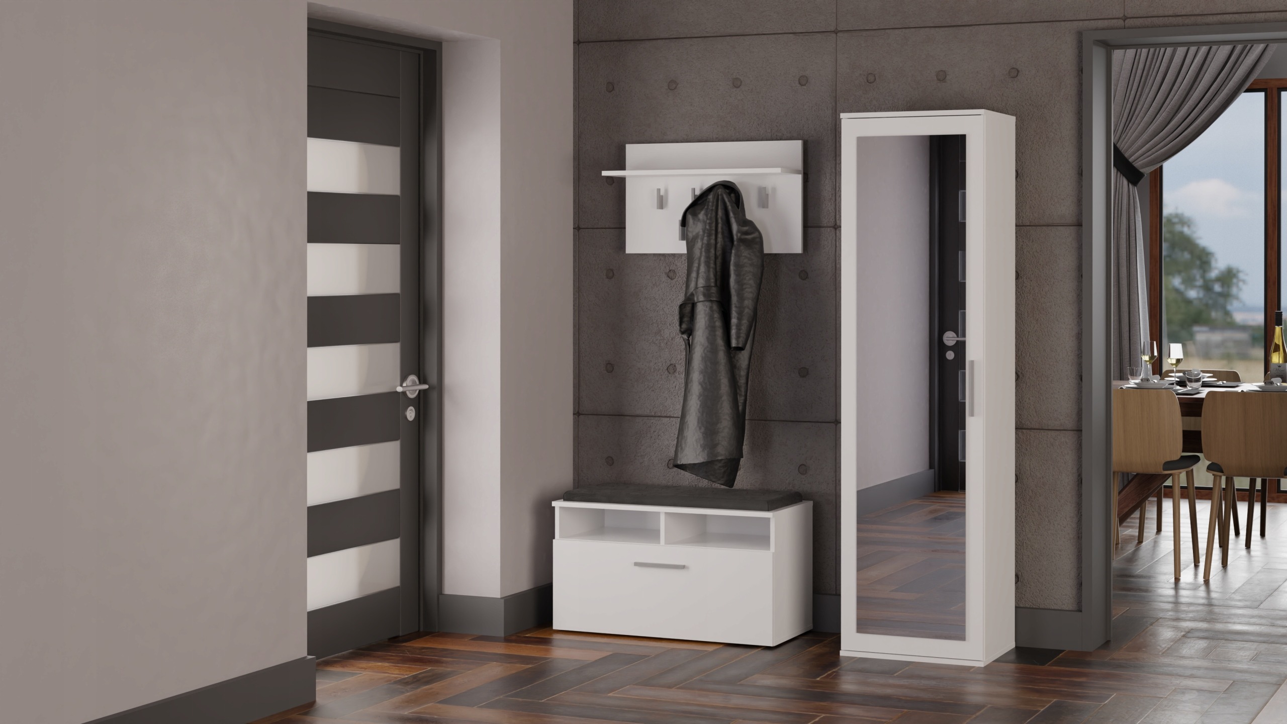 Úzka biela šatníková skriňa TopEshop DUO so zrkadlom, 50 × 180 × 35 cm. Využite úzky priestor na zavesené aj poskladané oblečenie. Skriňa DUO kombinuje šatníkovú tyč, dve police a dvere so zrkadlom; otváranie dverí možno zvoliť na ľavú alebo pravú stranu.