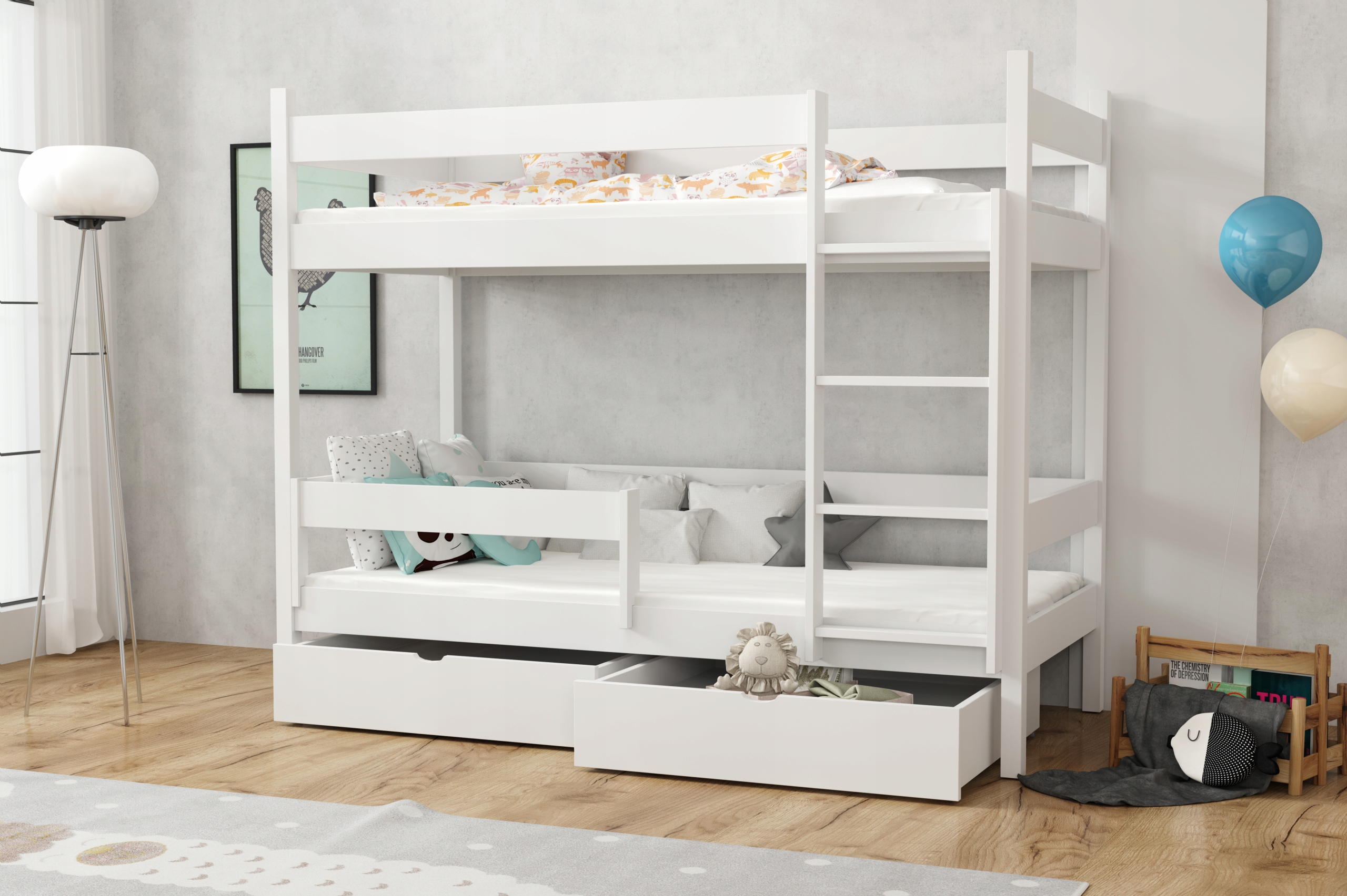 Poschodová posteľ - Bunk Bed 200x90 Biele elegantné +zásuvky