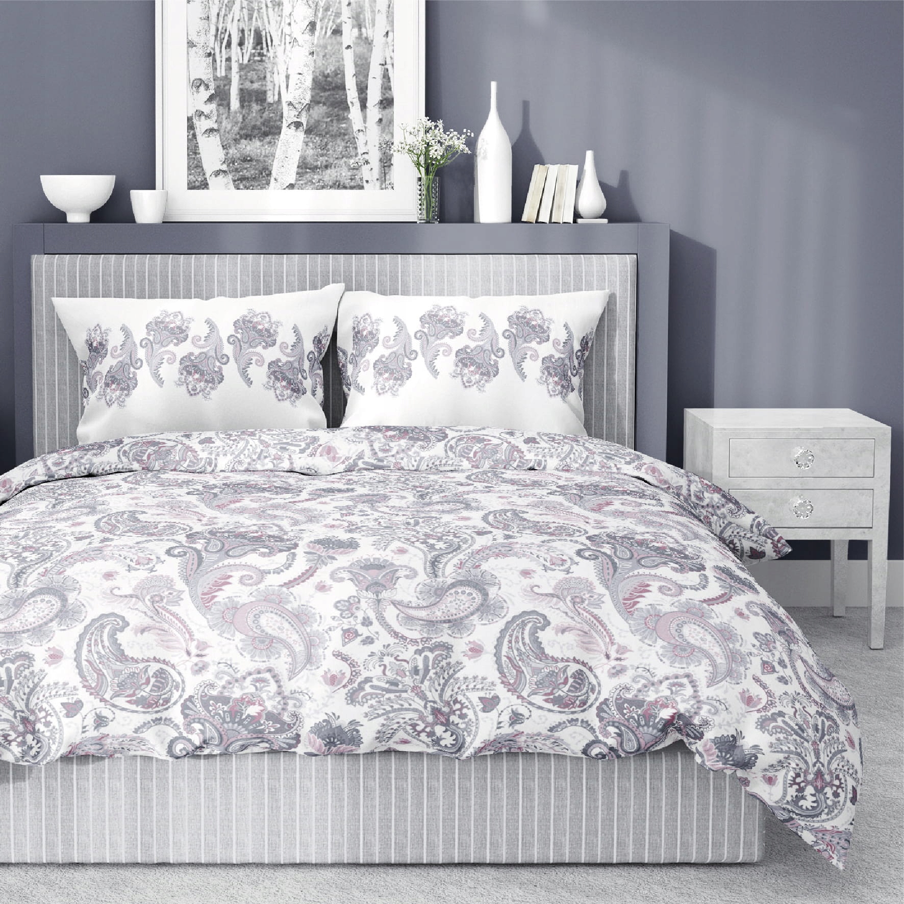Kompletný set posteľných obliečok - 160x200 Saténová bavlnená podstielka - biela šedá -Rose
