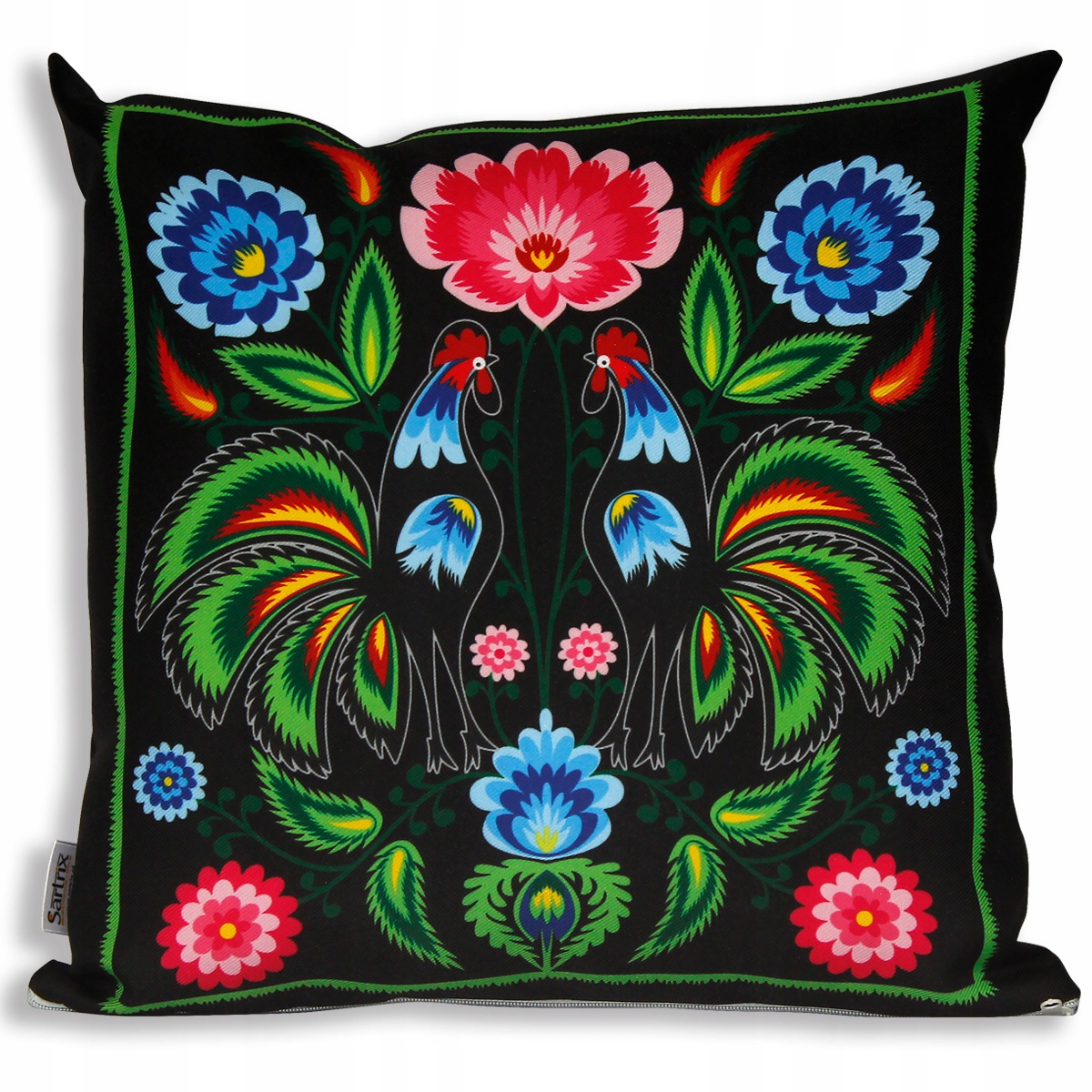 Obliečka na vankúš - Vankúš Folk łowicki Rooster Green Black