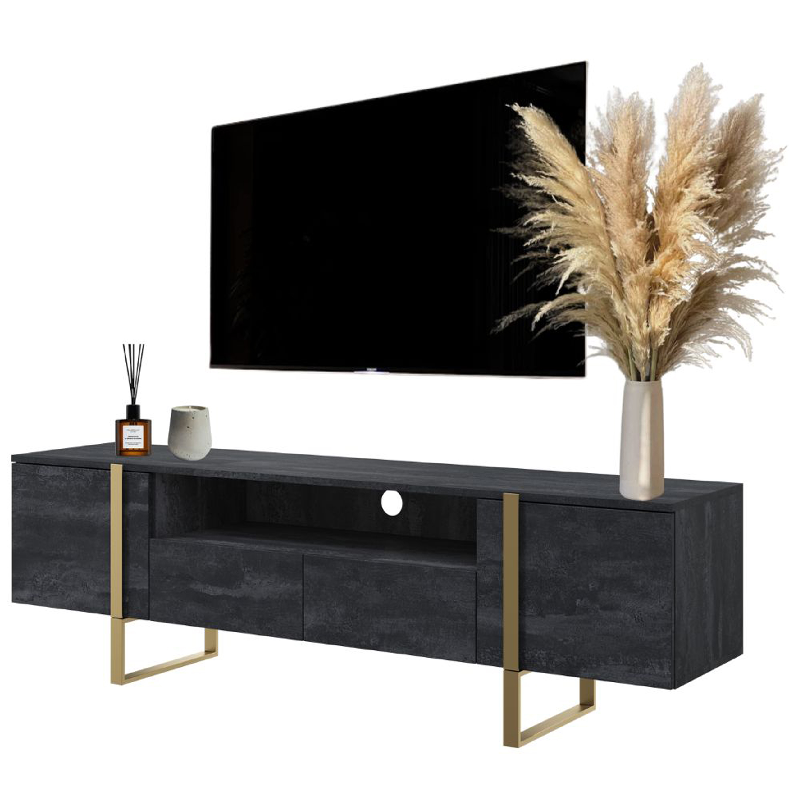 Skrinka pod TV - RTV Cabinet Black Mat RTV hrudník z zásuviek 200 cm Zlaté nohy