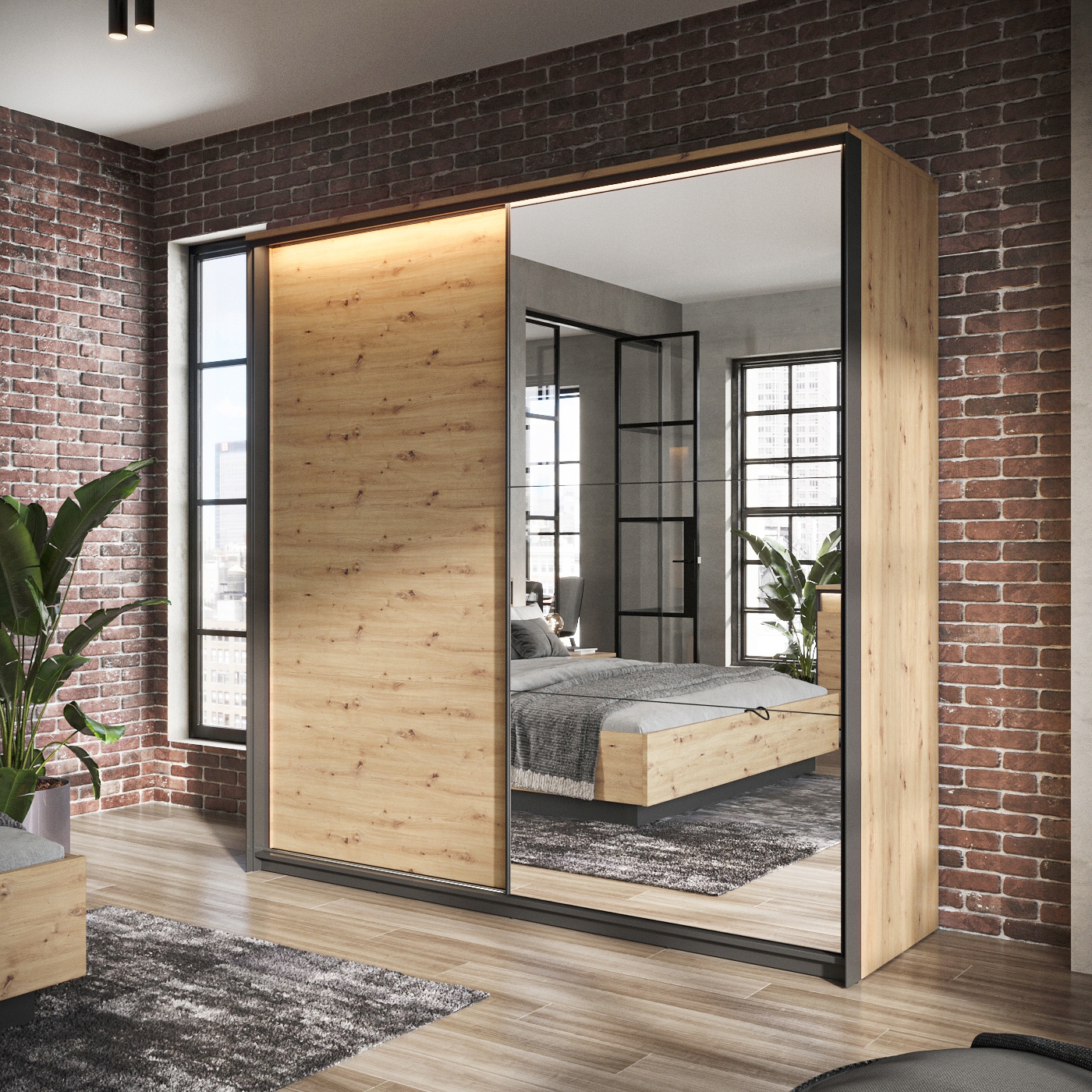 Šatníková skriňa do študenskej izby - Kvant 220 x 221 x 68 remeselnícky LED dub