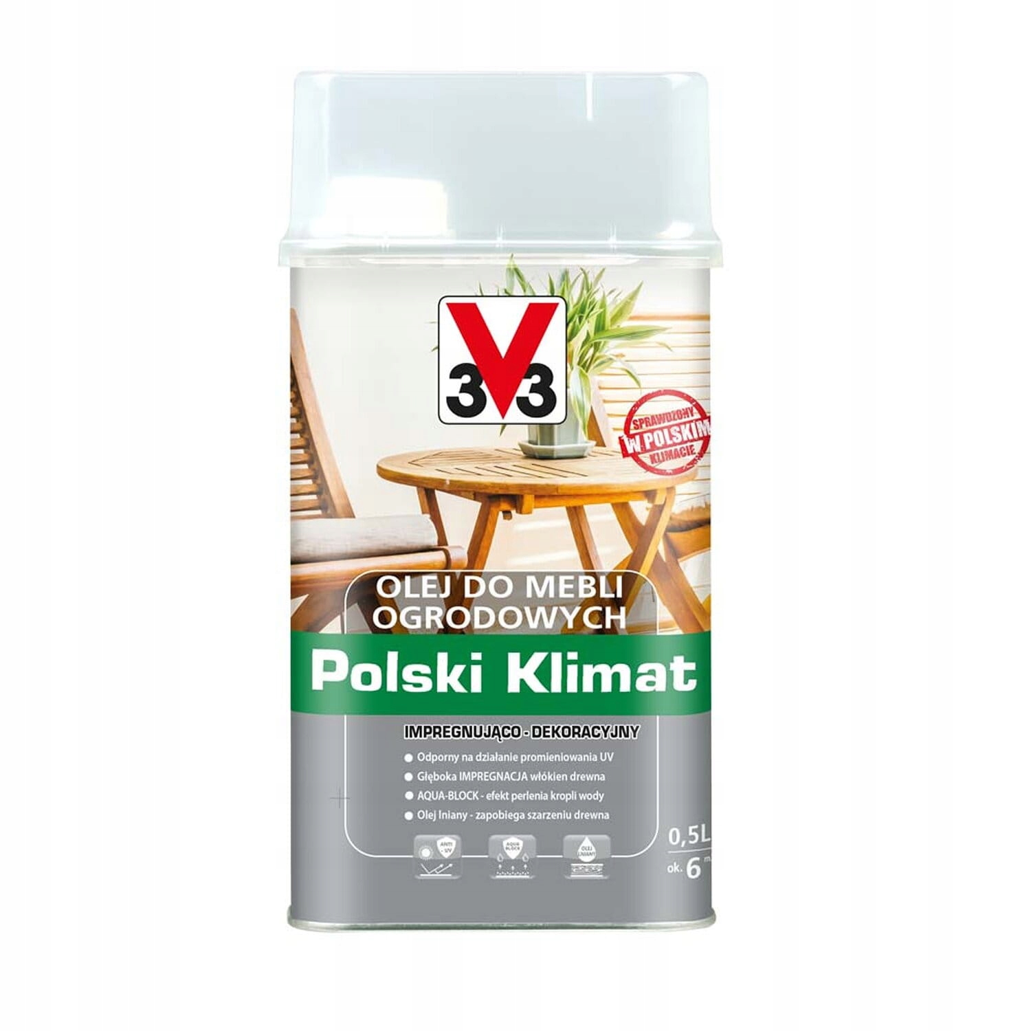 V33 Olej na leštenú atmosféru bezfarebného nábytku na záhradný nábytok