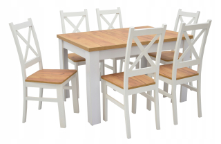 Stôl so stoličkami do obývačky - 6x moderné biele stoličky + skladací stolík boho