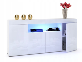 Komoda do obývačky - Veľká biela komodová skrinka 200 cm vysoký lesk + LED