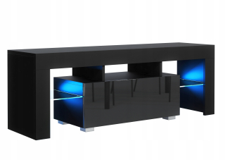 Tv stolík do obývačky - Zásuvky na čierny stôl RTV 130 cm lesk + LED M 042