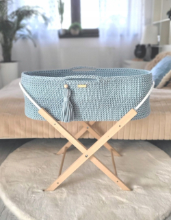 Prútený košík pre bábätká - Kôš Mojžiša boho ručne vyrobený so stojanom Misty Blu