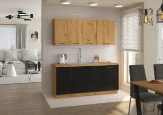 Kuchynská linka - Modena Kitchen 180 cm dub remeselníka/čierna- 6 el
