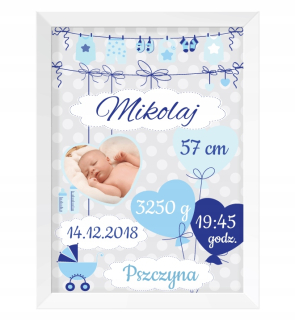 Detský obraz - Modrá metrika s fotografiou A4 (21x30)