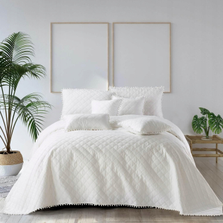 Prikrývka, prehozy na posteľ - Prešívané posteľné postele s pompoms 160x220 bielych pompoms