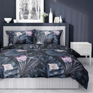 Kompletný set posteľných obliečok - Saténová bavlnená podstielka 160x200 Navy modré kvety