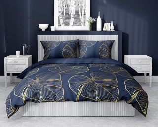 Kompletný set posteľných obliečok - Saténová bavlnená podstielka 160x200 Navy modré listy