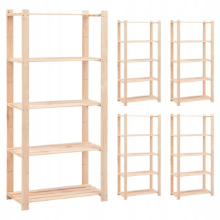 Regál policový - Stojany s 5 policami, 5 ks, 80 x 38x170 cm, borovica,