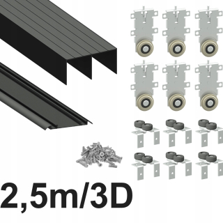 Posuvný systém na nábytok - Šatník posuvného systému 2,5 m / 3 dvere čierna rohož