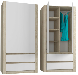 Šatníková skriňa do študenskej izby - Šatníková šatníka 90 cm 2d 2SZ Sonoma Mix Biela B-20
