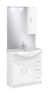 Skrinka do kúpeľne - Biela stojatá skrinka s umývadlom a zrkadlom 85 cm