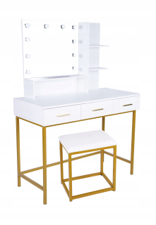 Toaletný stolík - Nábytok toaletný stolík Moskała White Mat 100 x 136 x 45 cm podsvietenia, vrátane stoličky