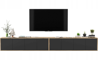 Skrinka pod TV - Závesný RTV skrinka podkrovie zásuviek 300 cm čierna rohož