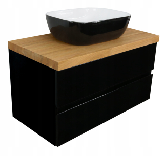 Skrinka do kúpeľne - Black Gloss Basin Set + Oak Top