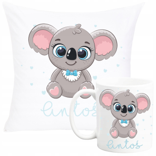 Vankúš na spanie - Darčeková súprava vankúša a hrnček Koala s menom