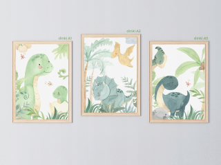 Detský obraz - Sada 3 plagátov dinosaury dinki A3