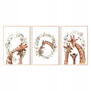 Detský obraz - Súprava 3 plagáty A3 Plagáty žirafy malá žirafa s matkou