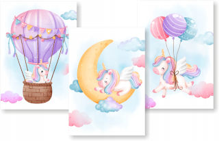 Detský obraz - Sada 3 plagáty A4 Unicorn Rainbow Balóny
