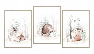 Detský obraz - Sada 3 plagáty Deer Teddy Bear Bunny vzory A4